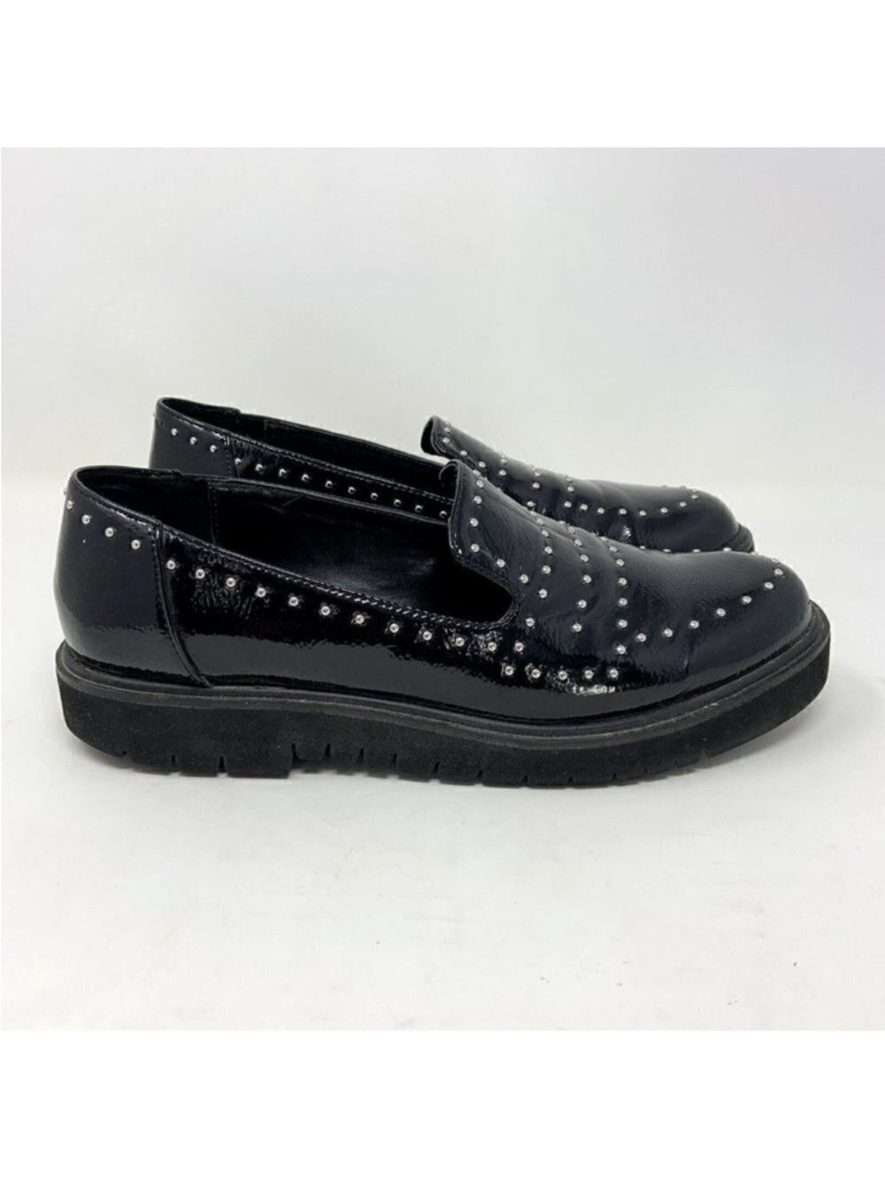 Jane and the‎ Shoe Black Loafer Studded Patent Slip on Shoes Sz 8.5